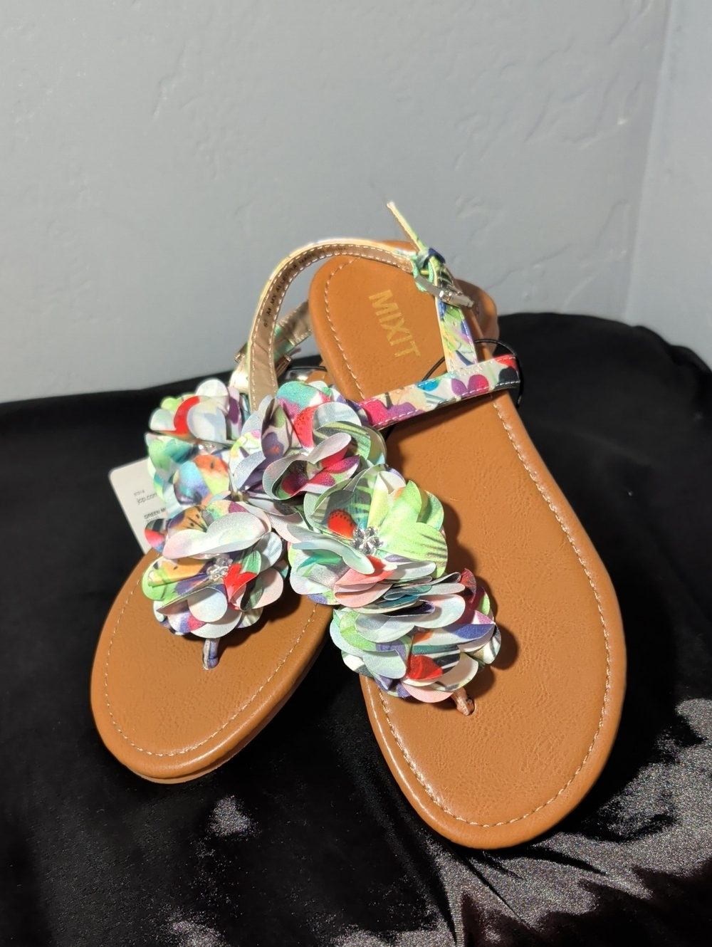 Mixit Multicolor Floral T-Strap Sandals with Tan Footbed